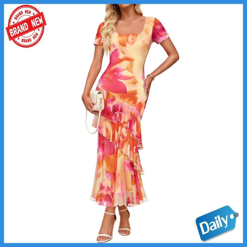 Mesh Bodycon Maxi Dress Square Neck Ruffle Cocktail Wedding Party